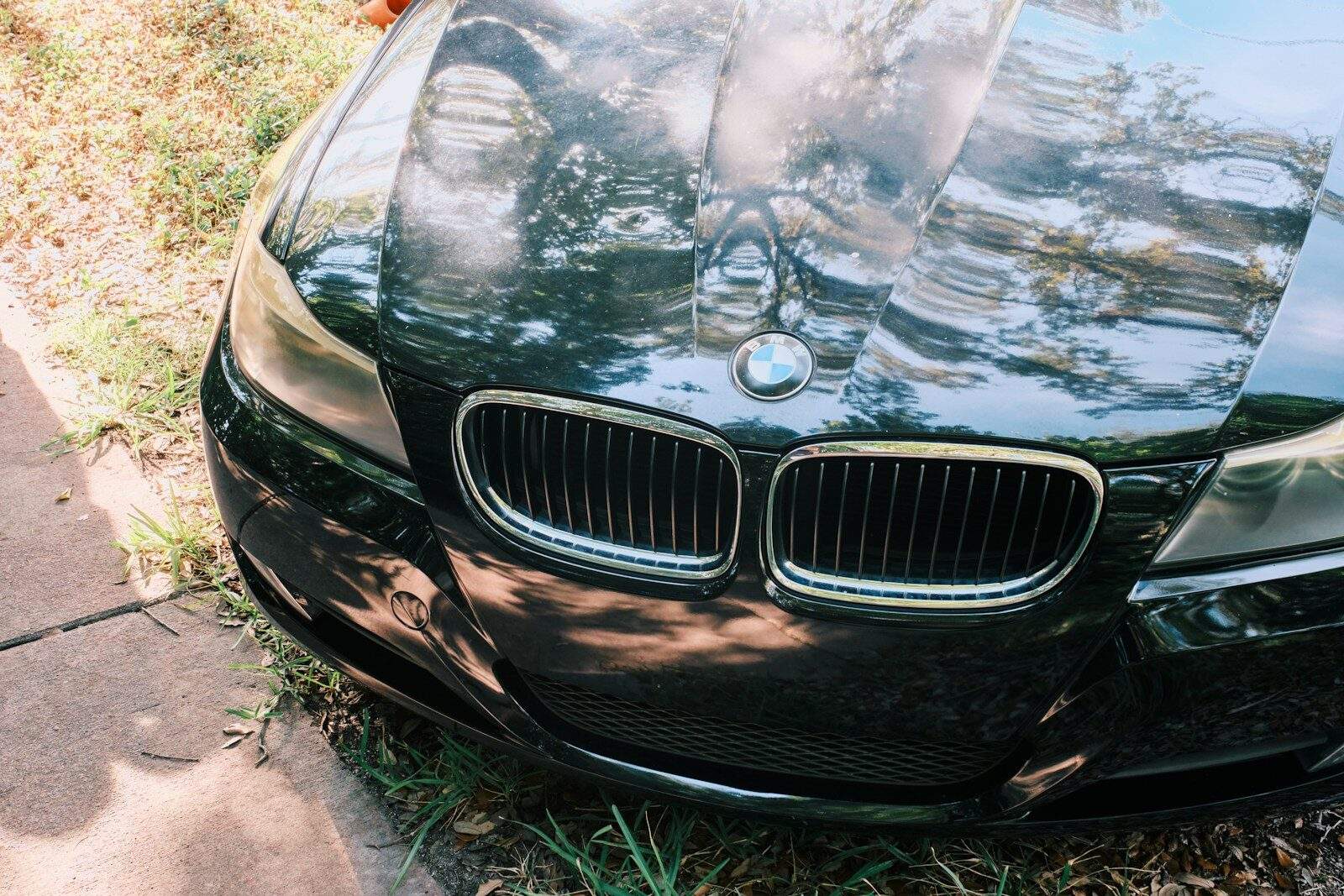 Black BMW car parked on grass