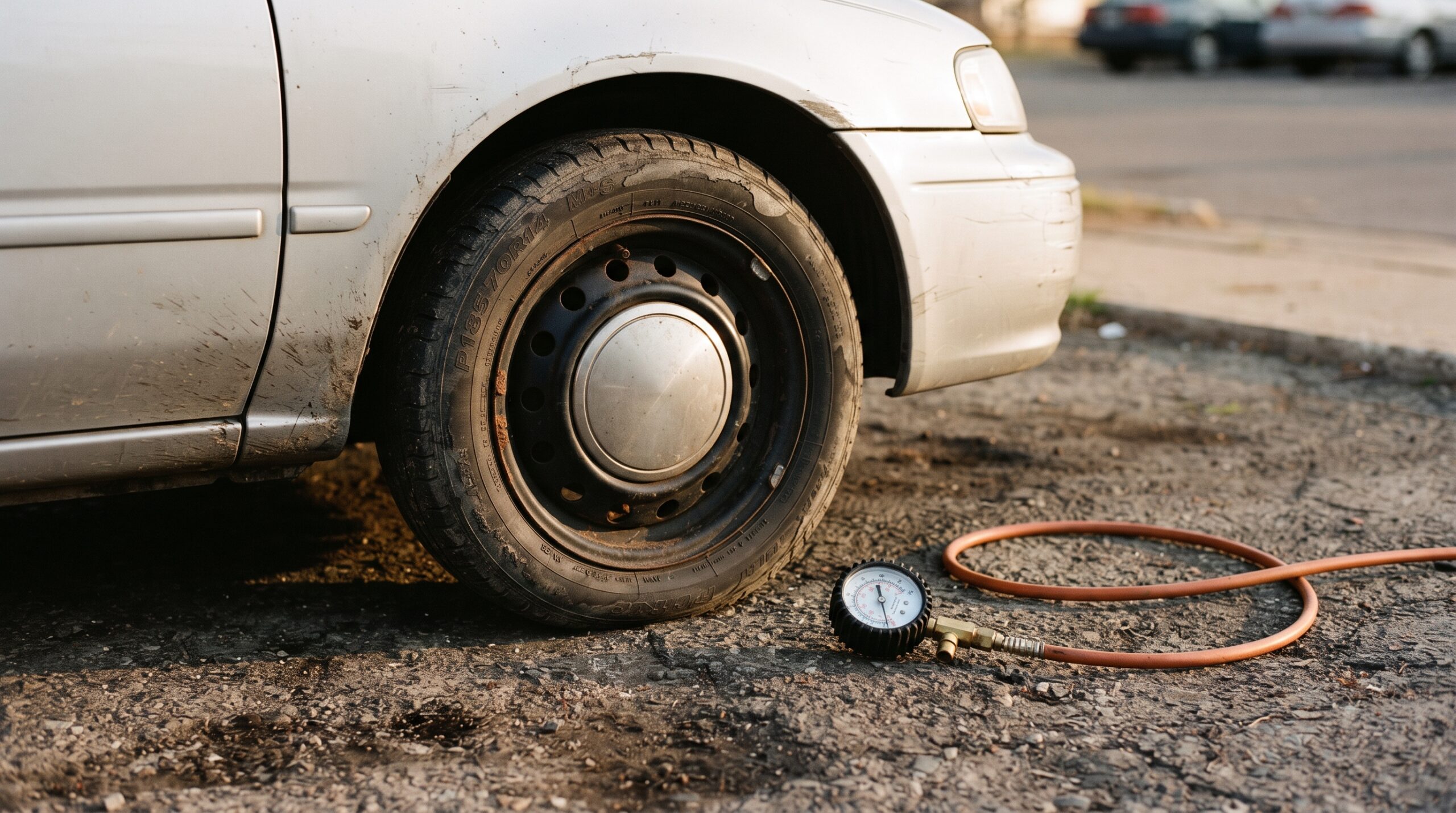 Worn front tire of a silver sedan on cracked asphalt with a tire pressure gauge and coiled air hose