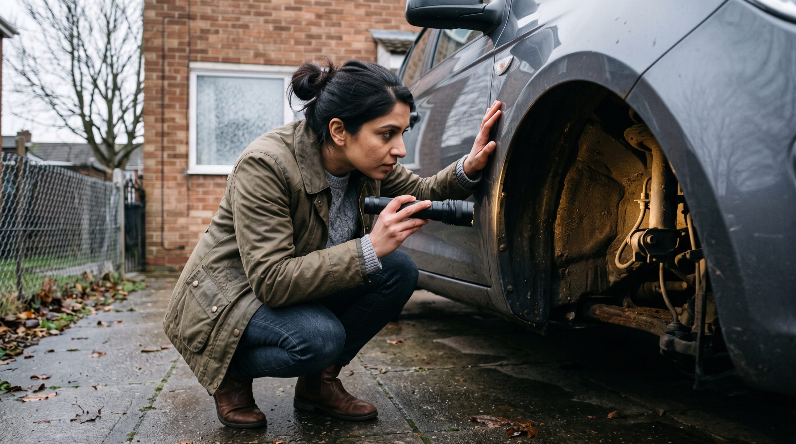 Checking frame rails, rocker panels, and brake lines with a flashlight takes about ten minutes and catches what a test drive never will.