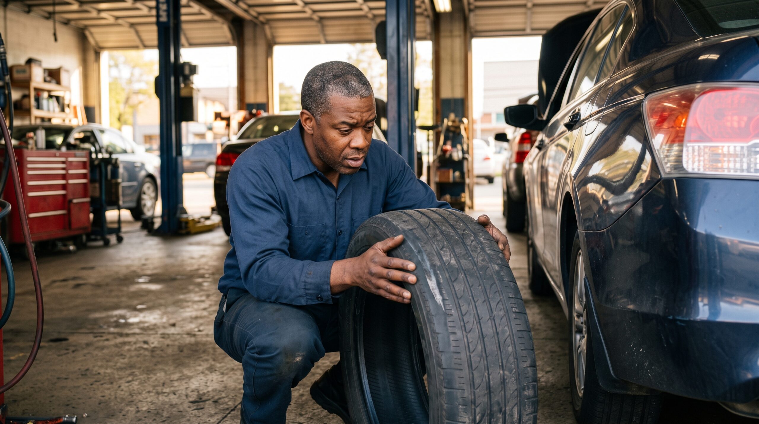 A technician checking a tire's edge wear before deciding whether the cause is toe, camber, or a worn suspension part.