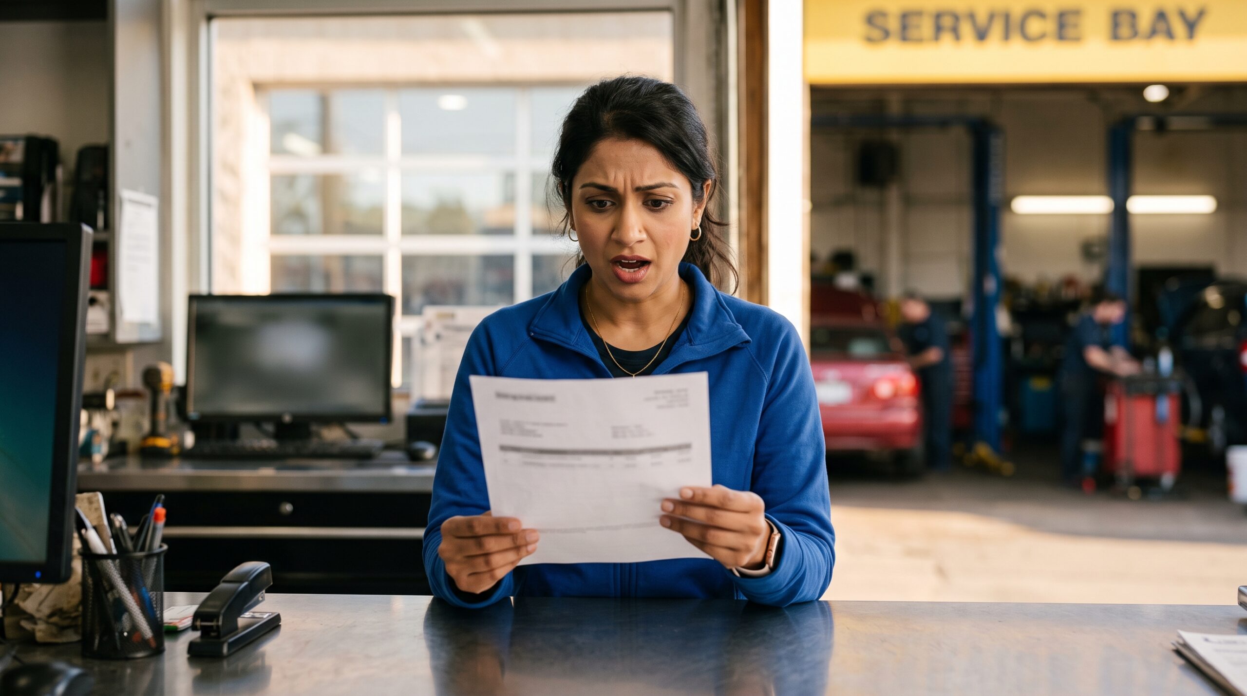 The invoice she is holding lists the windshield glass and the camera recalibration as two separate charges, and the second one is nearly as large as the first.