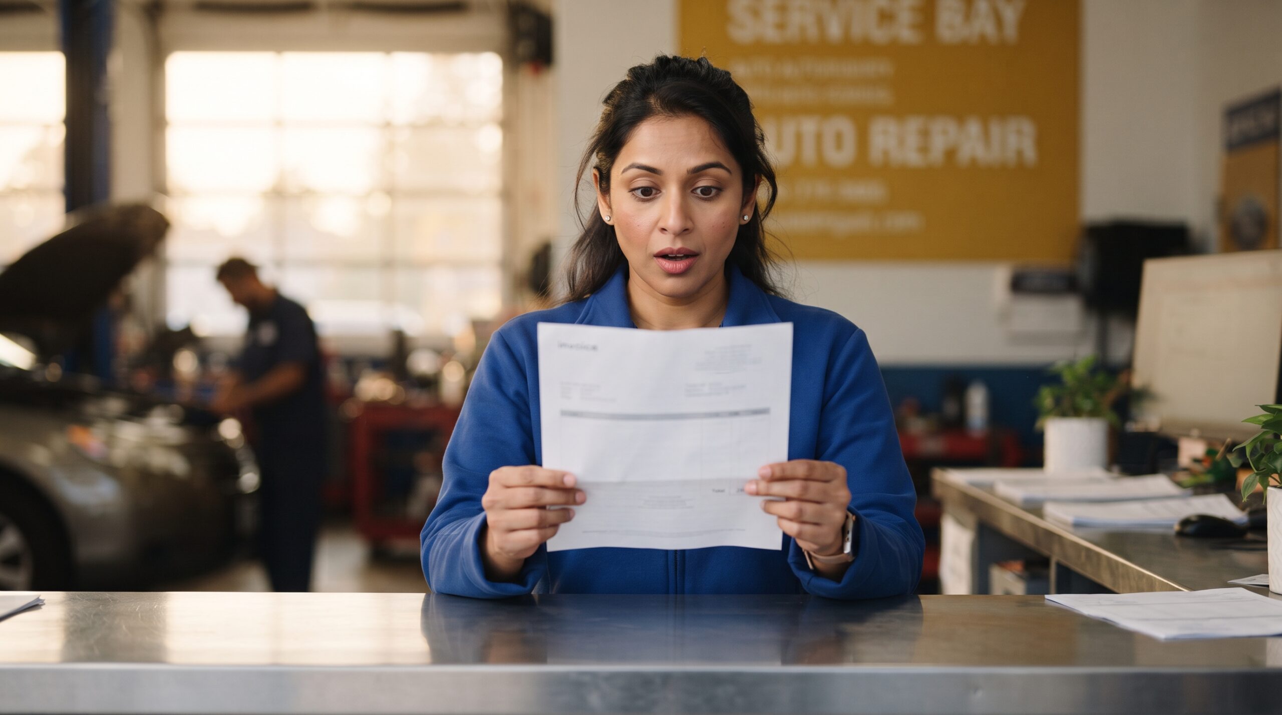 The invoice she is holding lists the windshield glass and the camera recalibration as two separate charges, and the second one is nearly as large as the first.