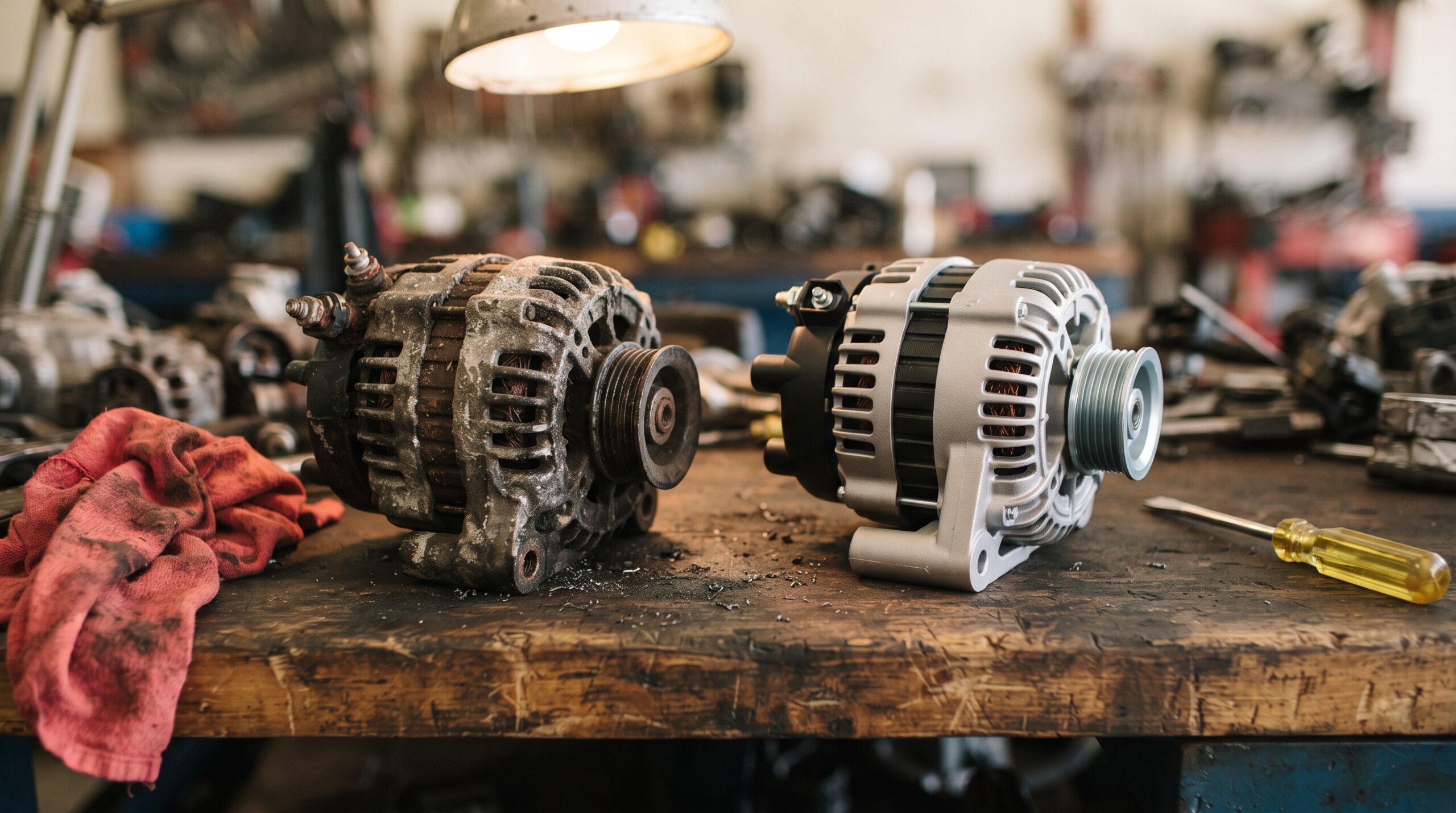 A worn alternator like the one on the left is what most repair-warranty claims actually look like: the same failure, months later, with the payout riding on the invoice's fine print rather than the part itself.