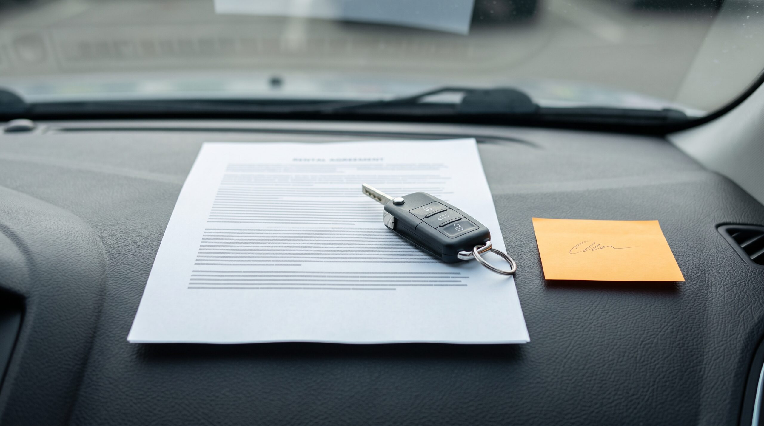 A signed rental agreement and a dashboard key fob mark the start of a wait that has no automatic end date.