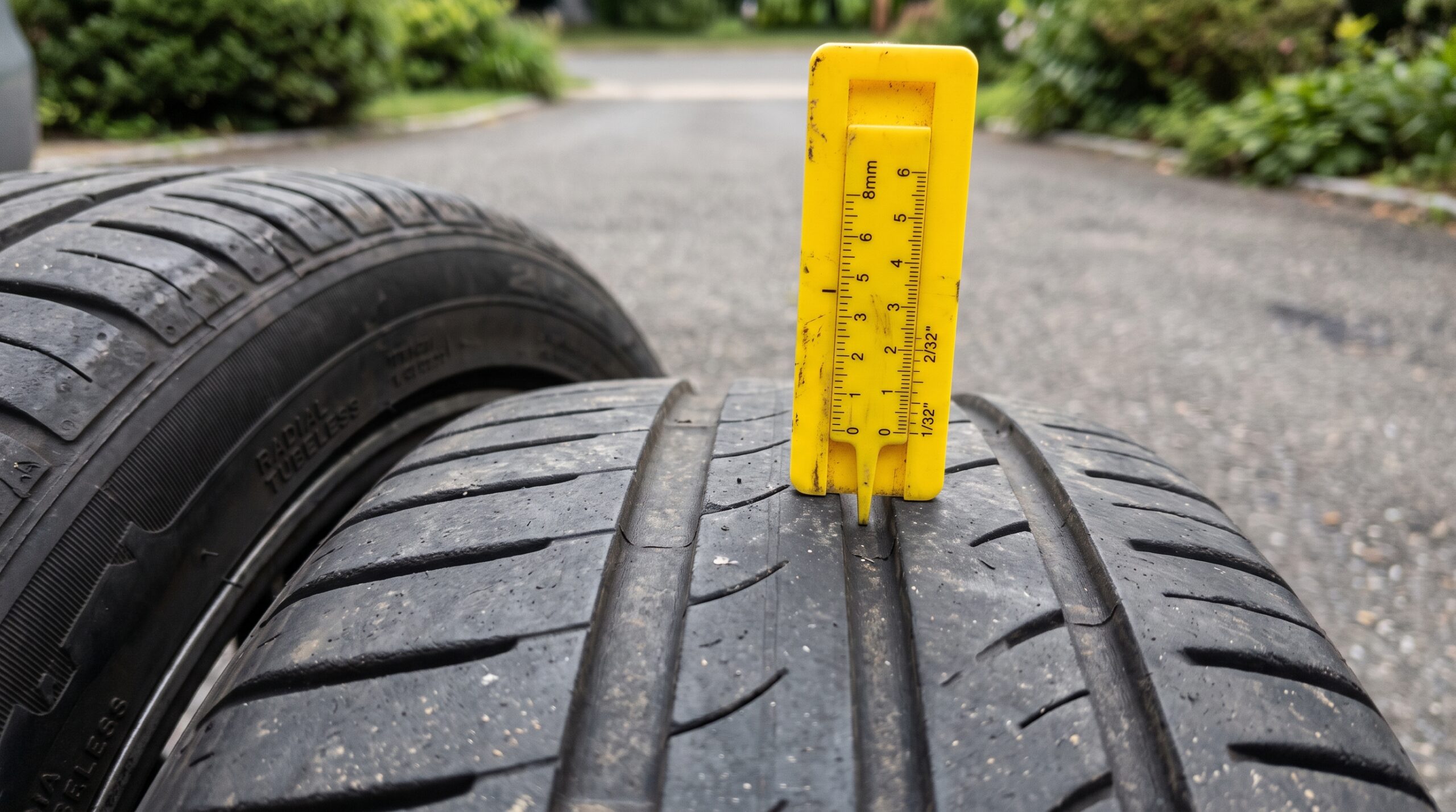 A gauge reading above the legal minimum only answers half the replacement question; the Department of Transportation (DOT) code on the sidewall answers the other half.