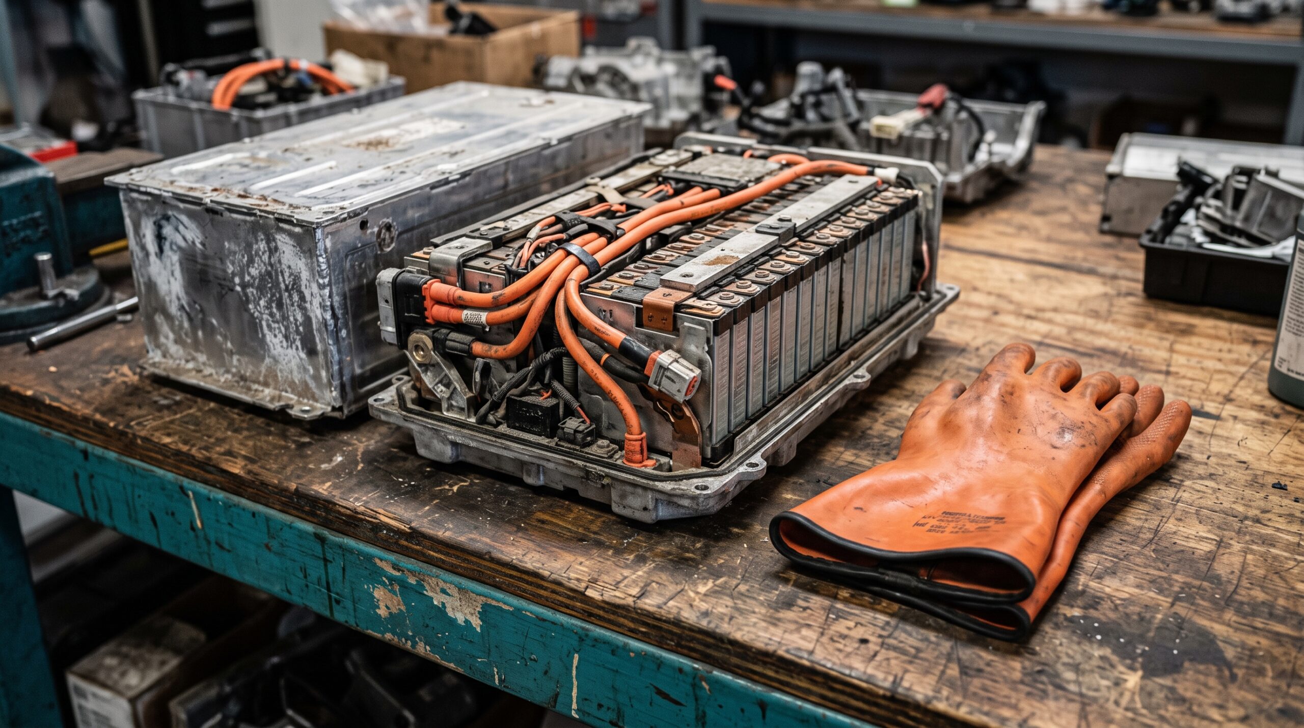 A technician tests individual cells to decide whether a hybrid pack needs a full swap or just a module-level repair.