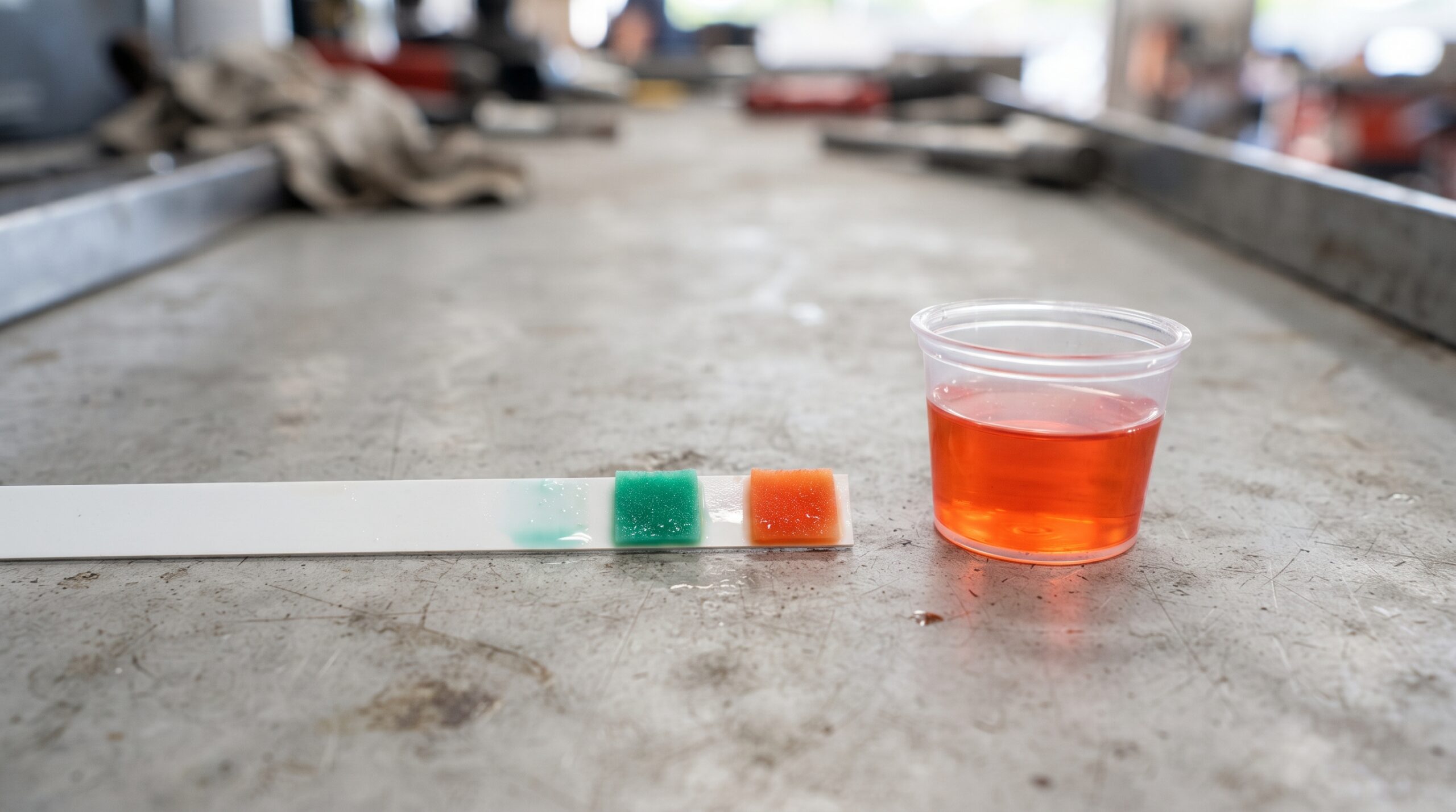 A strip that shifts from green to orange means the additive package underneath has already broken down, no matter how full the reservoir looks.