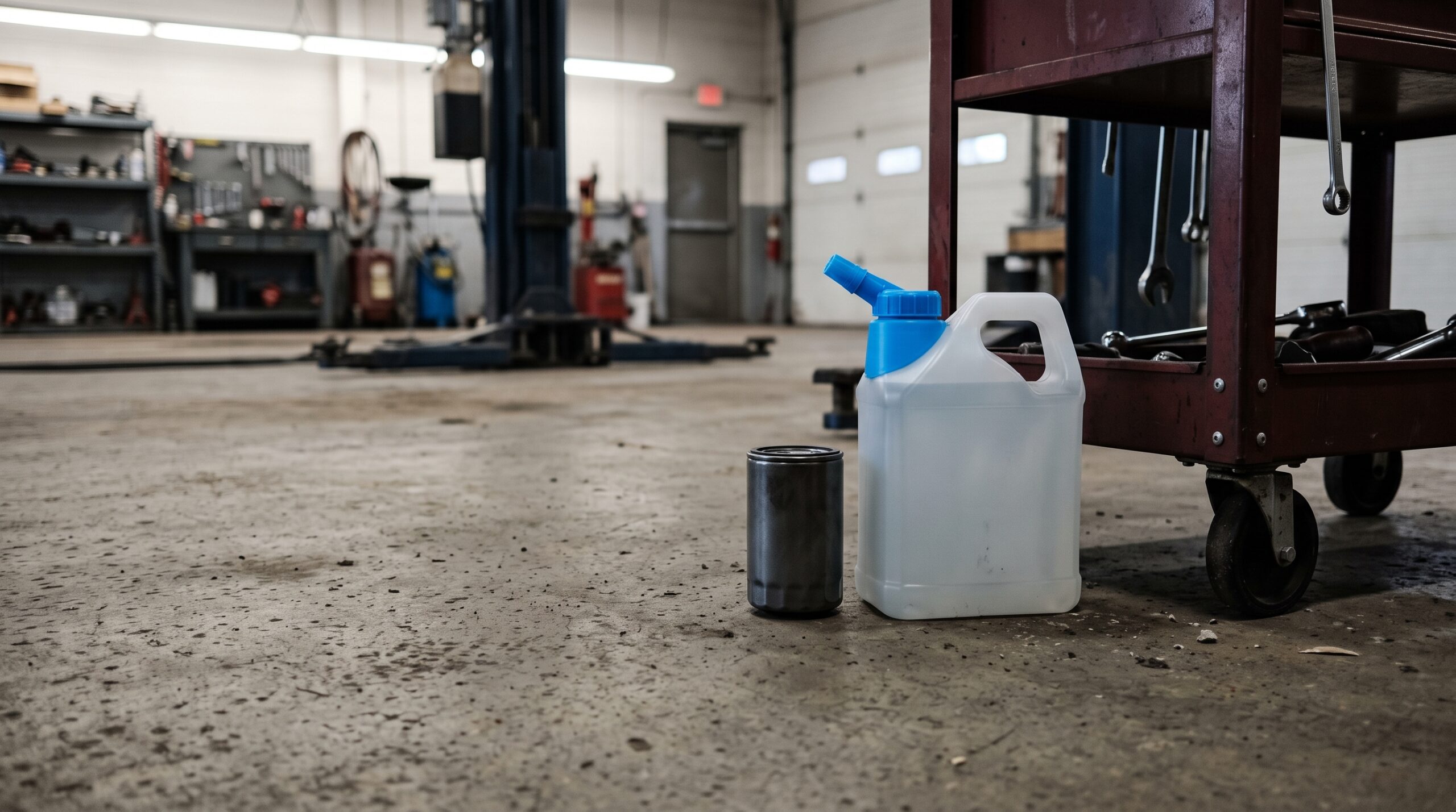 A Diesel Exhaust Fluid (DEF) jug next to an oil filter is a fair stand-in for why diesel service intervals run pricier than gas or hybrid routines.